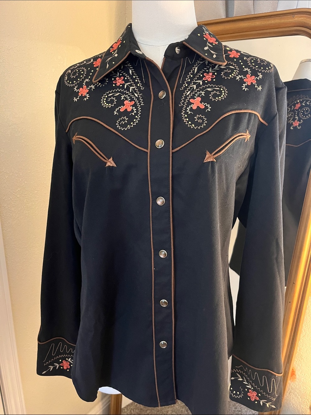 Scully Black Western Embroidered Snap-Front Shirt with Red Accents